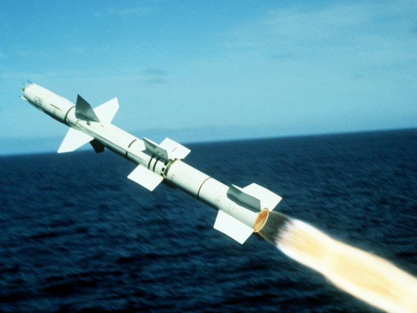 A view of a Talos surface-to-air guided missile, moments after being launched from the starboard side of the guided missile cruiser USS OKLAHOMA CITY (CG 5) at the Pacific Missile Test Range. 