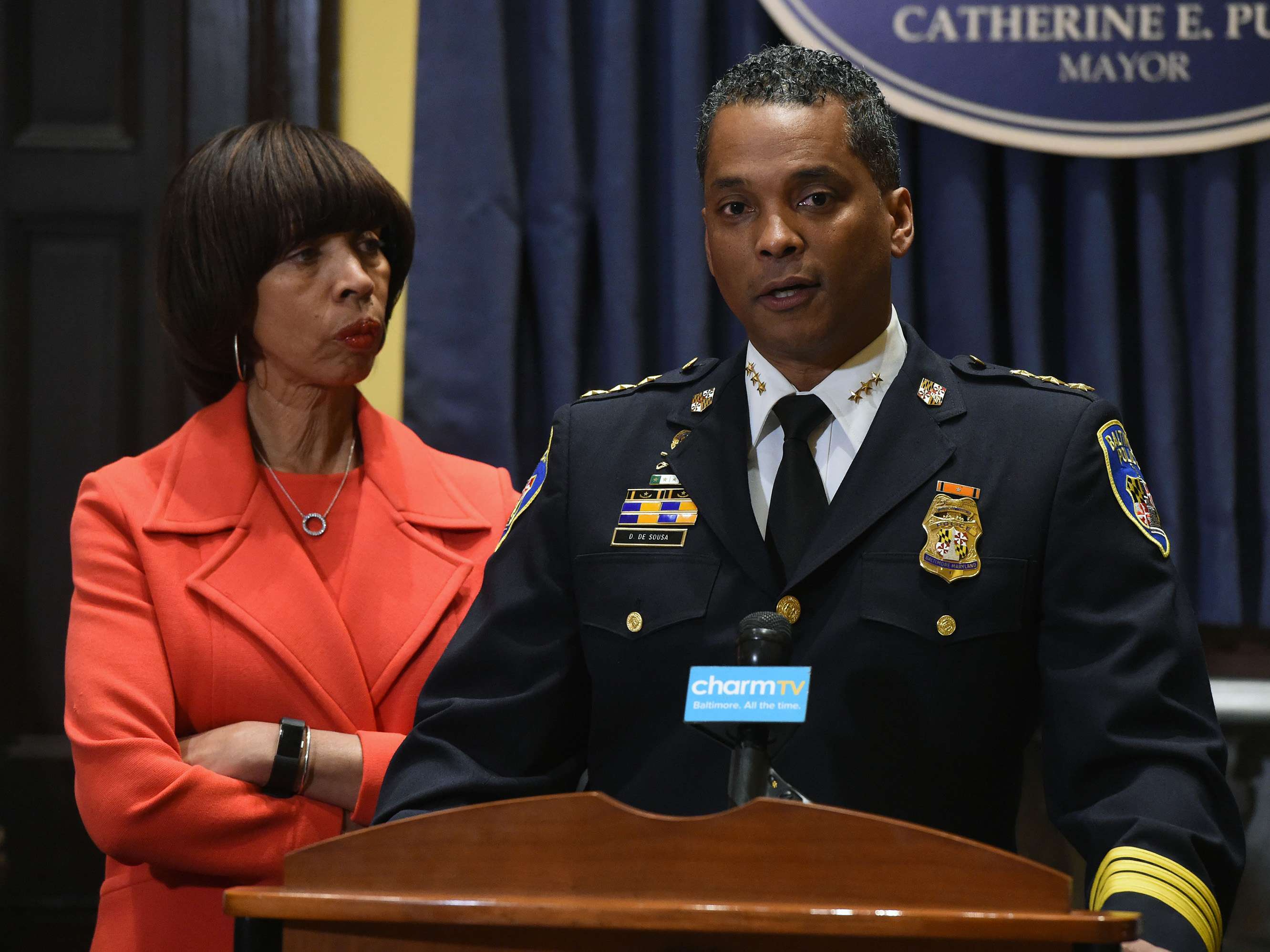 Baltimore Mayor Catherine Pugh with new Baltimore Police Department Commissioner Darryl DeSousa