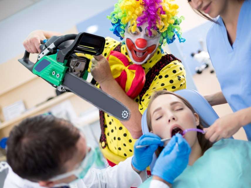 Clown dentist with chainsaw