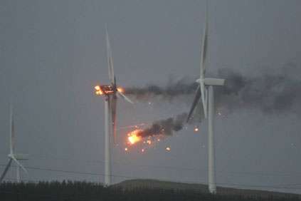 A Scottish wind mill catches fire after 165mph winds.