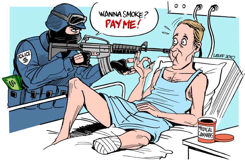 Cartoon depicting a medical marijuana patient threatened at gunpoint