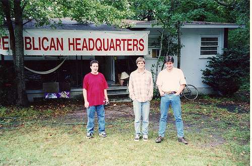 Republican HQ sign hung over a trailer home