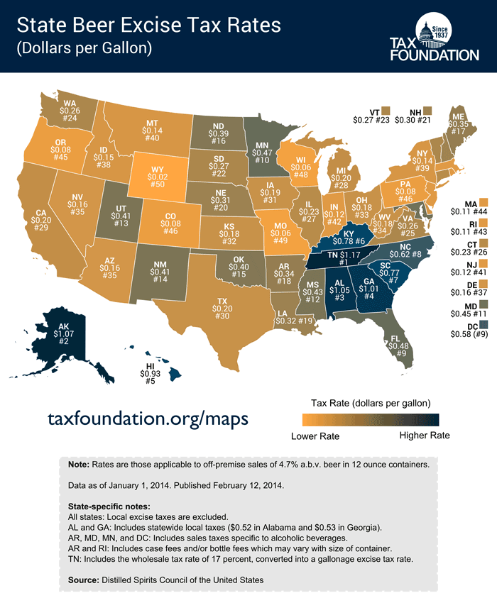 Map of State Beer Excise Tax Rates ||| Tax Foundation