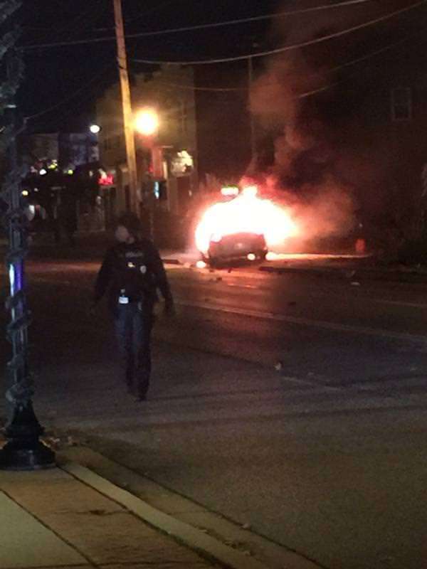 Burning police car