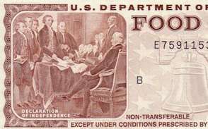 An old-school food stamp from 1981. I'm not sure the Declaration of Independence is the most appropriate illustration.