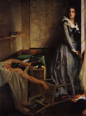 Poor Marat in your bathtub seat/your life on this planet is near complete/Closer and closer to you death creeps/though there on her bench Charlotte Corday sleeps