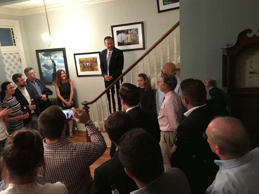 Mike Lee speaking at a book party Monday. ||| Matt Welch