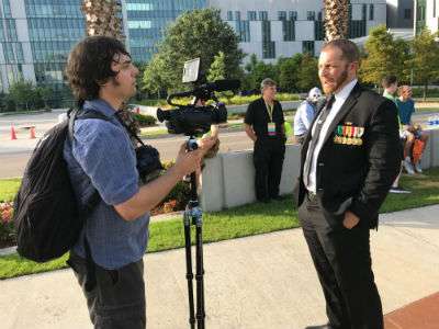 Adam Kokesh before his March for Dead Veterans event in front of the New Orleans V.A. Medical Center ||| Matt Welch