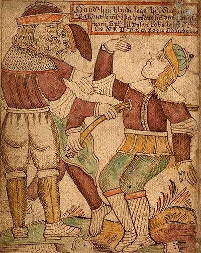Baldr being killed by his blind brother Höðr in a comic misunderstanding. Baldr being killed by his blind brother Höðr in a comic misunderstanding.