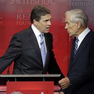 Hot vs cool media: Hard-edged Rick Perry thundering at mild-mannered Ron Paul. 