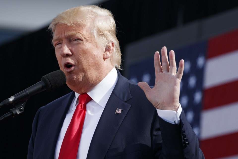 Republican presidential candidate Donald Trump speaks during a campaign rally, Saturday, Oct. 15, 2016, in Portsmouth, N.H. (AP Photo/ Evan Vucci)