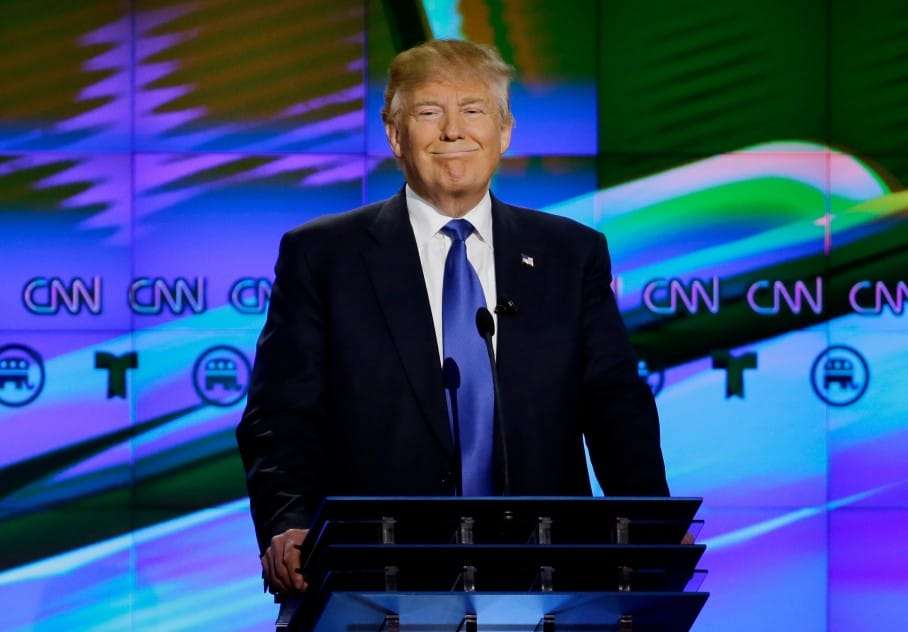 Republican presidential candidate, businessman Donald Trump pauses during a Republican presidential primary debate at The University of Houston, Thursday, Feb. 25, 2016, in Houston. (AP Photo/David J. Phillip)