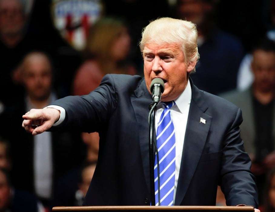 Republican presidential candidate Donald Trump speaks during a rally at the Times Union Center on Monday, April 11, 2016, in Albany, N.Y. (AP Photo/Mike Groll)