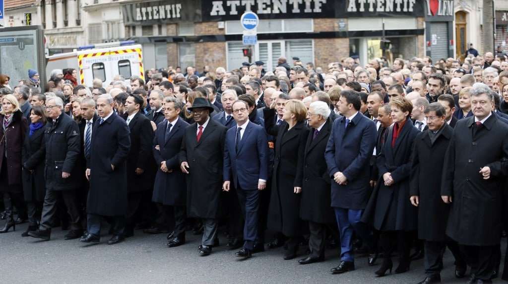 (From L) Danish Prime Minister Helle Thorning-Schmidt, Mayor of Paris Anne Hidalgo, European Commission President Jean-Claude Juncker, Israeli Prime Minister Benjamin Netanyahu, former French President Nicolas Sarkozy, Malian President Ibrahim Boubacar Keita, French President Francois Hollande, German Chancellor Angela Merkel, Palestinian president Mahmud Abbas, Italian Prime Minister Matteo Renzi, Swiss President 