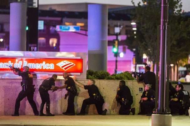 Police in Dallas, in the immediate aftermath of the shooting of five officers.