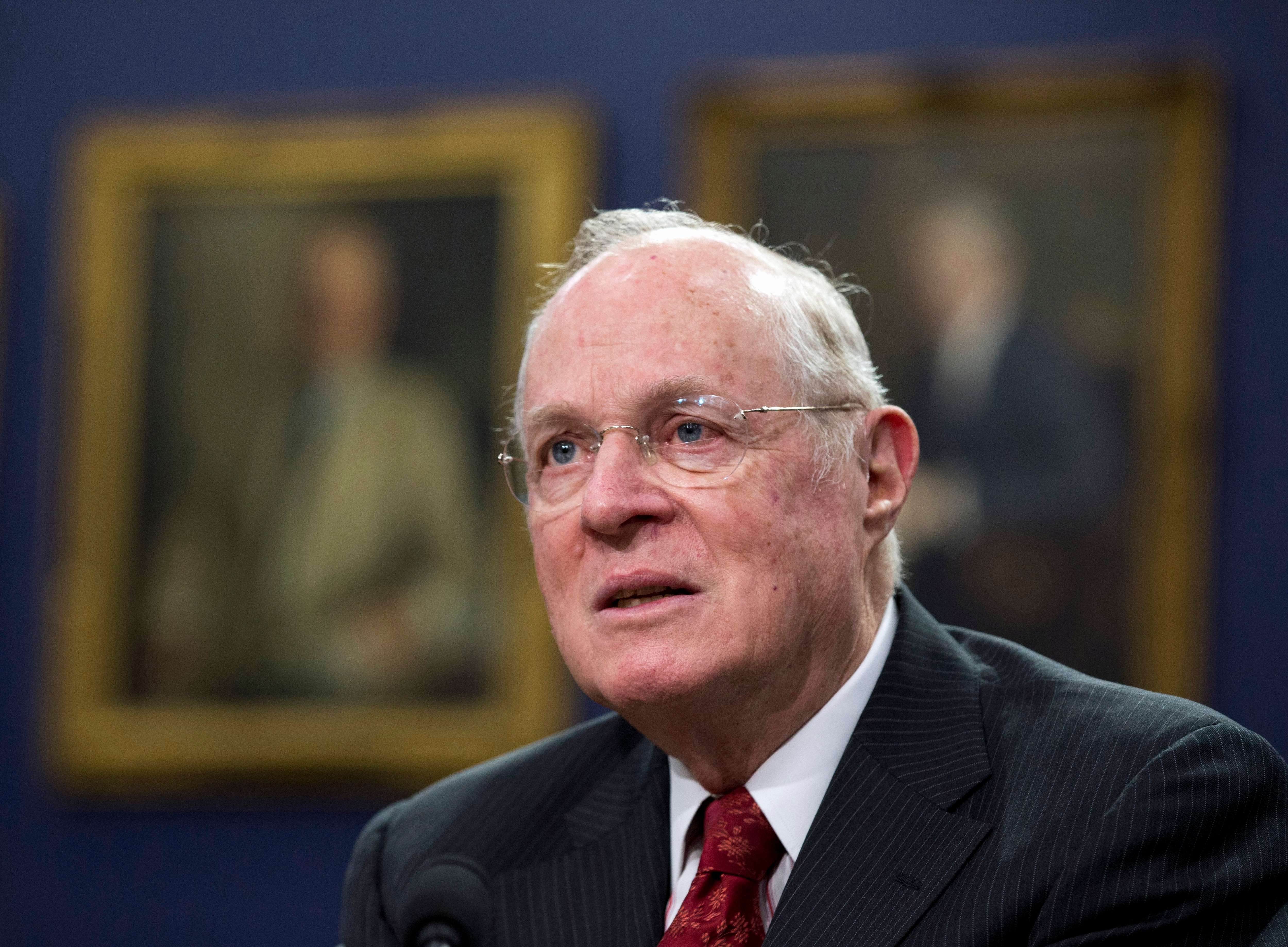 FILE - In this March 23, 2015 file photo, Supreme Court Associate Justice Anthony Kennedy testifies on Capitol Hill in Washington. The Irish Catholic boy who came of age in Sacramento after World War II is an unlikely candidate to be the author of the Supreme Court's major gay rights rulings. But those who have known Justice Anthony Kennedy for decades and scholars who have studied his work said he has long stressed the importance of valuing people as individuals. And he seems likely also to have been influenced in this regard by a pillar of the Sacramento legal community, a closeted gay man who hired Kennedy as a law school instructor and testified on his behalf at his high court confirmation hearings in Washington. (AP Photo/Manuel Balce Ceneta, File)