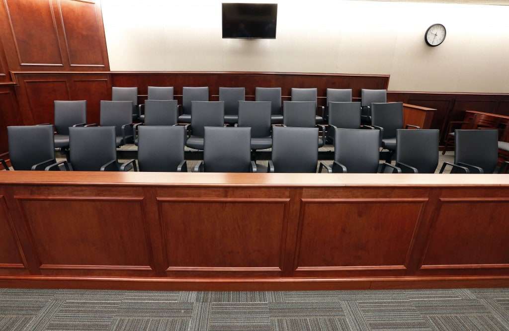 FILE - In this Jan. 15, 2015 file photo, a view of a jury box. (AP Photo/Brennan Linsley, pool, file)