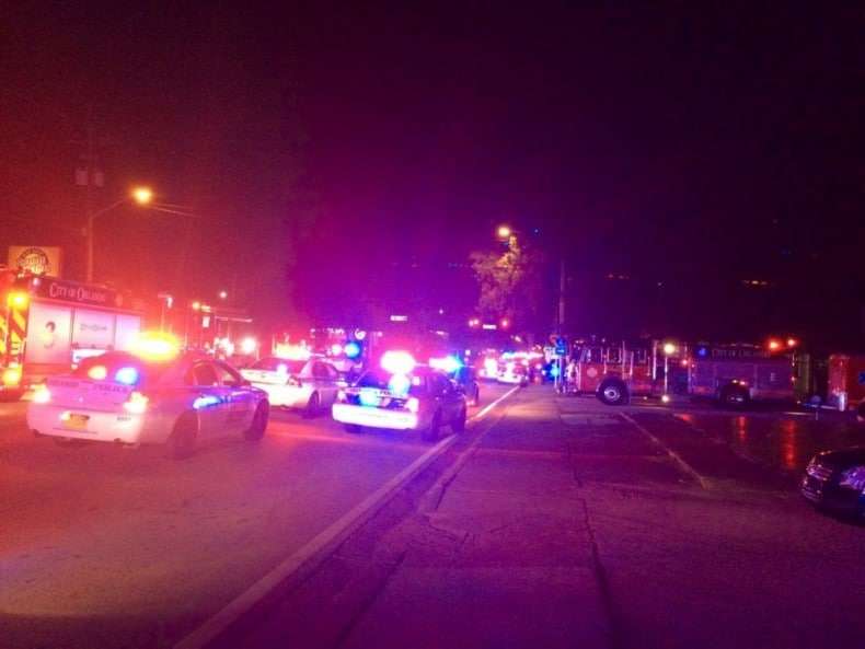 Police cars and fire trucks outside Pulse, the Orlando nightclub where a mass shooting attack occurred earlier today. 