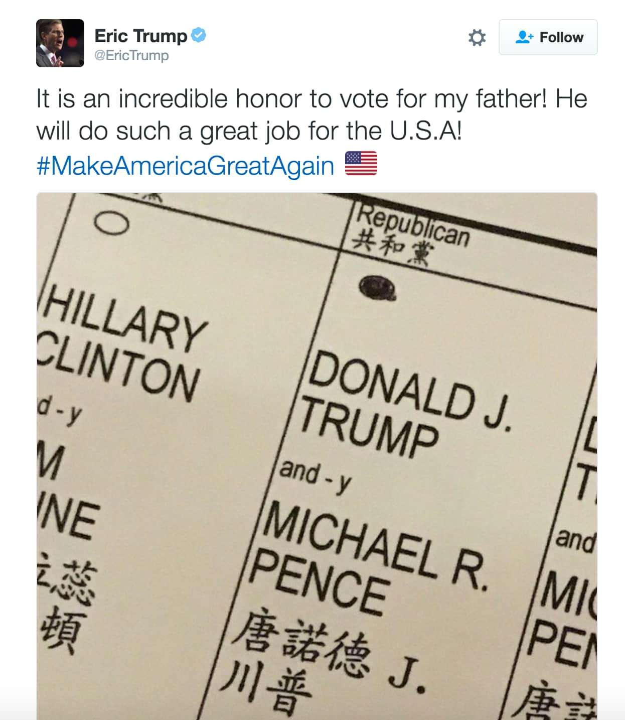 Screenshot of Eric Trump's tweet (copied from Fortune article, though the copyright, such as it is, is Trump's).