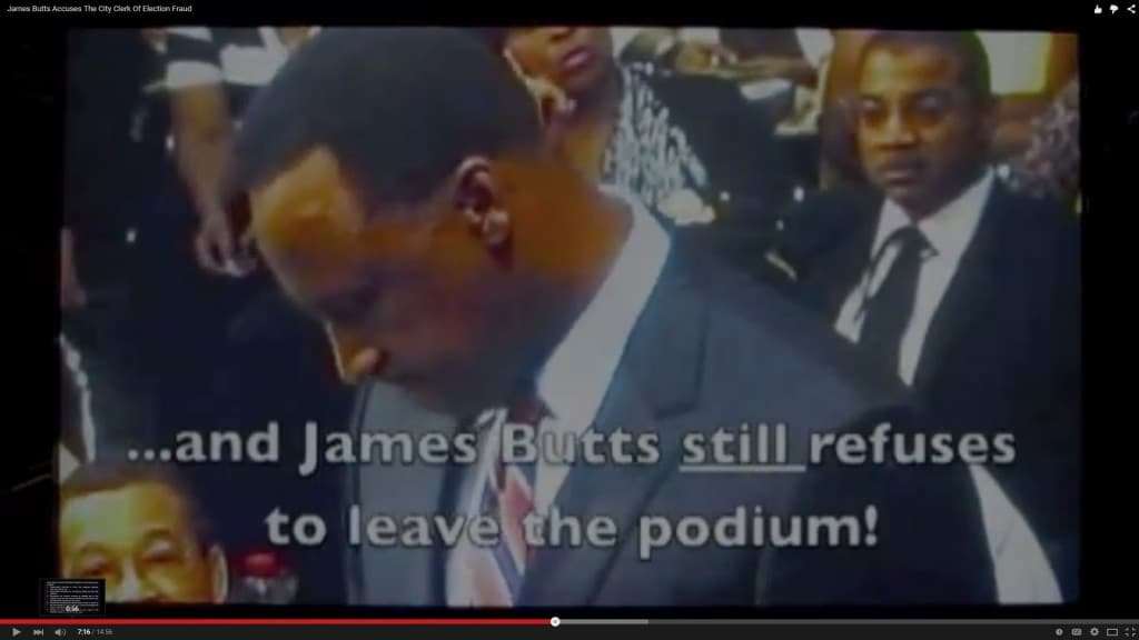 A frame from Joseph Teixeira's YouTube video (depicting Mayor James T. Butts, Jr.), based on an Inglewood City Council videorecording.
