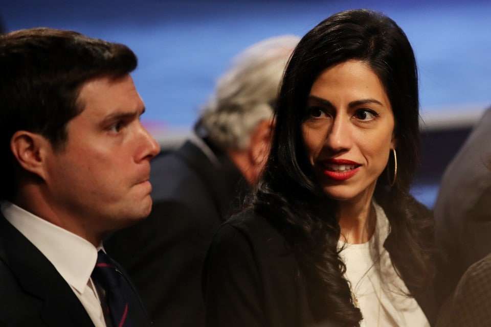 LAS VEGAS, NV - OCTOBER 19: Senior Clinton Campaign staffer Huma Abedin and traveling press secretary Nick Merrill (L) are seen after the third U.S. presidential debate at the Thomas & Mack Center on October 19, 2016 in Las Vegas, Nevada. Tonight is the final debate ahead of Election Day on November 8. (Photo by Drew Angerer/Getty Images)